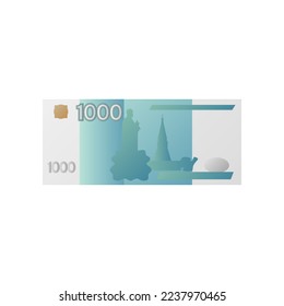 One thousand rubles banknote, cash money of Russia. Vector illustration of paper currency and banknote. Cartoon design of one thousand Russian rubles isolated on white background. Bank, finance