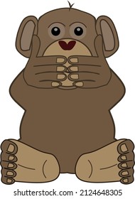 One the three wise monkeys  See no evil  hear no evil   speak no evil  A monkey closing his mouth and both his hands  Cartoon vector illustration 