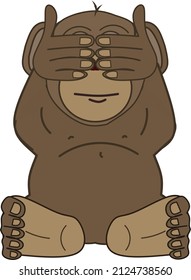 One three wise monkeys  See no evil  hear no evil   speak no evil  A monkey covering his eyes and both hands  Cartoon vector illustration 