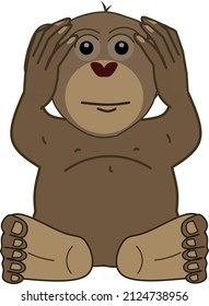 One three wise monkeys  See no evil  hear no evil   speak no evil  A monkey covering his ears and both hands  Cartoon vector illustration 