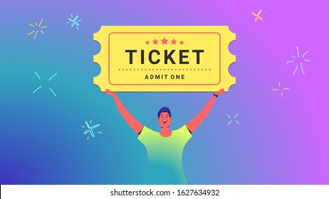 One ticket admission concept vector illustration of young man holds over his head big ticket for movie or other event as a winner. Happy bright people win prizes via lottery on gradient background.