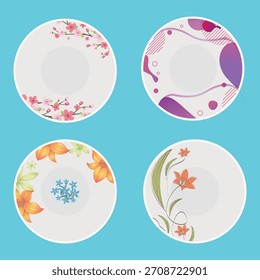 Plato floral de una sola vez   Conjunto de Vector aislado en el fondo.