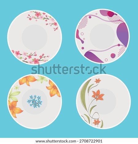 One time floral  plate   set vector isolated on background.