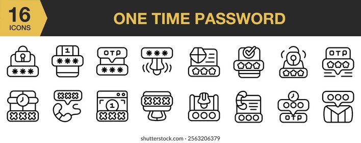 One Time Password icon set. Includes Password, Padlock, Security, Lock, Otp, and More. Outline icons vector collection.