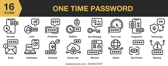 One Time Password icon set. Includes protection, password, login, security, code, verification, and More. Outline icons vector collection.