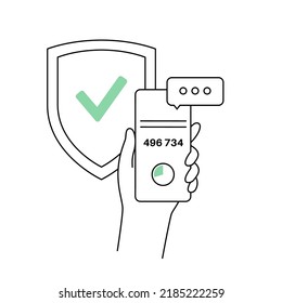 One time password. Message with code on the smartphone for entering on the site or application. Notification on the phone, multi factor authentication. Internet payment, 2fa flat vector illustration