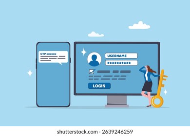 One time password, OTP on double security to login or sign in to internet account, safety or protection for software accessibility, privacy, login with computer and OTP password on mobile phone.