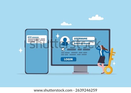 One time password, OTP on double security to login or sign in to internet account, safety or protection for software accessibility, privacy, login with computer and OTP password on mobile phone.