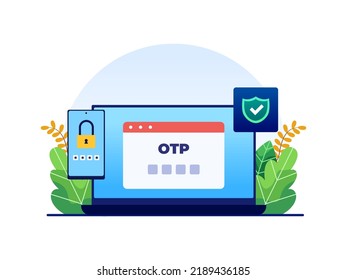 Vector de ilustración de verificación de seguridad de una contraseña u OTP.
Autenticador de OTP.
Código de mensaje en el smartphone para entrar en el sitio web o la aplicación.
Autenticación multifactor o 2FA.