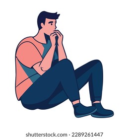 One tired man sitting, hand on head icon isolated