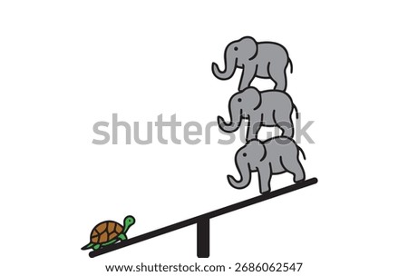 One tortoise weigh higher than three elephant, unusual imbalance concept illustration