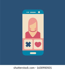 one touch love heart art & x in social media. smart phone & mobile vector flat design. virtual people concept relationship. choose date cartoon isolated. woman or female on a social media clean screen