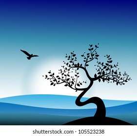 one tree on a background of blue sky and the sunrise, vector