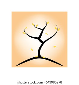 One tree on a hill in autumn. The yellow leaves fall, they lie down at the foot of the tree. Simple computer graphics for your project. The image can be used for design of websites, printing, etc.