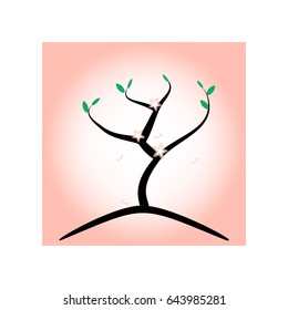 One tree on a hill in the spring. On the tree are visible leaves and flowers. Simple computer graphics for your project. The image can be used for design of websites, printing products, logo, etc.
