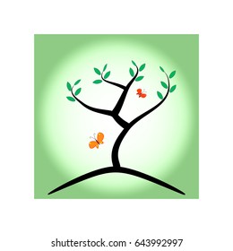 One tree on a hill in the summer. There are leaves on the tree, butterflies fly nearby. Simple computer graphics for your project. The image can be used for design of websites, printing products, etc.
