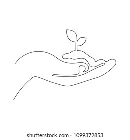 One trendy continuous line vector illustration of young plant with ground in hands. Palms holding a sprout isolated on white background.
