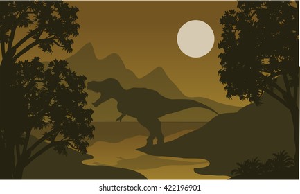 One T-Rex in riverbank silhouette of scenery