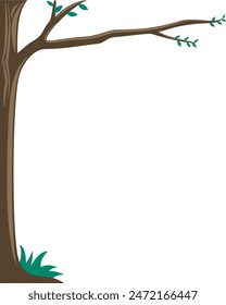 One of the trunks of a tall, thin and straight dry tree extends to the right with sparse young leaves growing on the branches. There is a clump of green grass under the tree. Cartoon style.