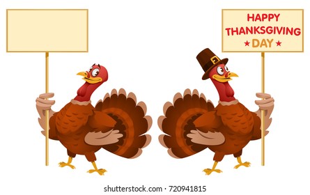 One turkey holds blank banner and another turkey holds Happy Thanksgiving Day banner. Cartoon styled vector illustration. Elements is grouped. No transparent objects. Isolated on white.