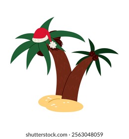 One of the two palm trees with coconuts is decorated with Santa Claus Hat, which stands out against the white. Merry Christmas. Suitable for printing on greeting cards, posters, banners, souvenirs