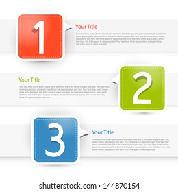 One, two, three, colorful vector paper progress steps for tutorial, infographics