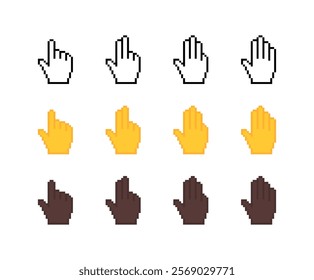 One, two, three and four fingers set icons. Pixel hand icons. Linear and flat style. Vector icons.