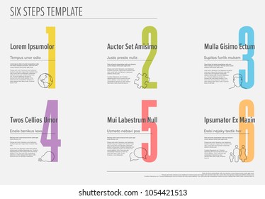 One two three four five six - vector light progress steps template with descriptions and icons
