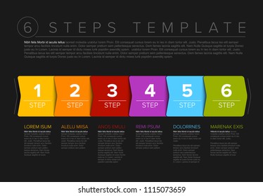 One two three four five six - vector progress steps template with descriptions - dark version
