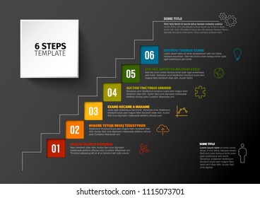 One two three four five six - vector squares progress steps template with descriptions and icons - dark version