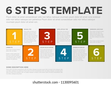 One two three four five six - vector squares progress steps template with descriptions and icons