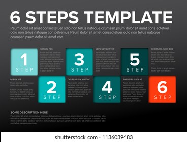 One two three four five six - vector squares progress steps template with descriptions and icons - dark teal red version