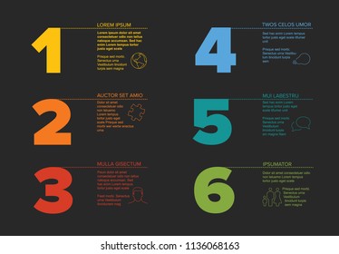 One two three four five six - vector dark progress steps template with descriptions and icons