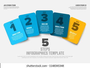 One two three four five - vector progress steps template with descriptions, blue and yellow version