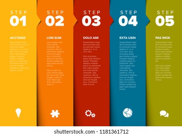 One two three four five - vector progress block steps template with descriptions and icons