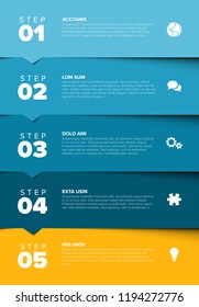 One two three four five - vector progress block steps template with descriptions and icons on horizontal blocks - blue and yellow version