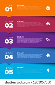 One two three four five - vector progress block steps template with descriptions and icons on horizontal blocks - color version