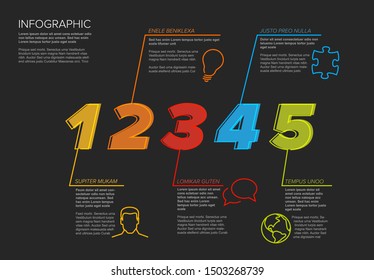 One two three four five - vector paper five steps progress template infochart blocks with sample content - dark version