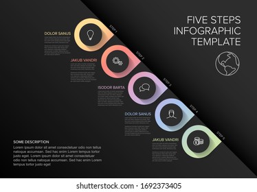 One two three four five - vector diagonal progress template with five steps and description - dark background version