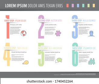 One two three four five six - vector light pastel progress steps template with big numbers, descriptions and icons