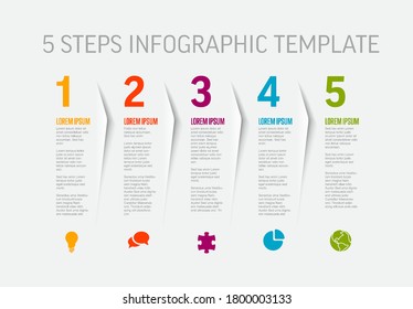 One two three four five - vector light progress steps template with descriptions and icons