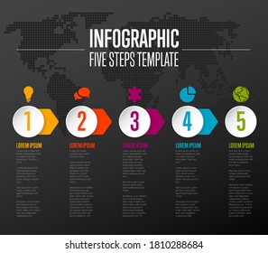 One two three four five - vector light progress circle steps template with descriptions and color icons - dark version
