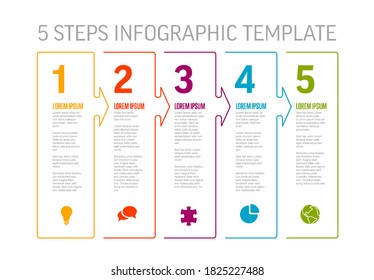 One two three four five - vector light progress steps template with descriptions, icons and thin color line border