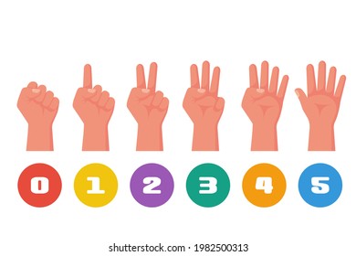 One, two, three, four, five fingers, fist like zero. 1 2 3 4 5. Hand gestures and numbers with your fingers. Vector illustration flat design. Isolated on white background. Show numbers fingers.