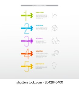 One two three four five - vector light progress steps template with descriptions, icons, thick color arrow and big numbers for aeach step of the procedure process