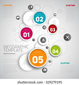 One two three four five, Circle shape vector icons for five steps with text or description, vector infographic