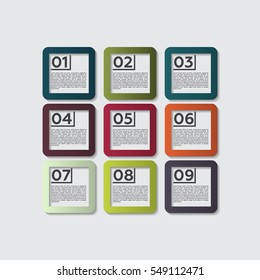 One, Two, Three, Four, Five, Six, Seven, Eight, Nine. Inforgraphics Vector Illustration. Progress Step for Presentations. 