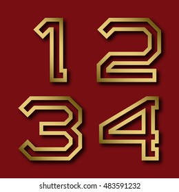One, two, three, four gold angular numbers with shadow. Trendy and stylish golden font.