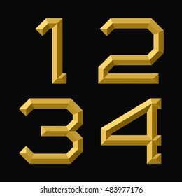 One, two, three, four gold faceted numbers. Trendy and stylish golden font.