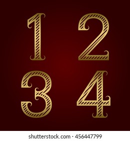 One, two, three, four golden striped numbers with flourishes. Diagonal stripes vintage font.